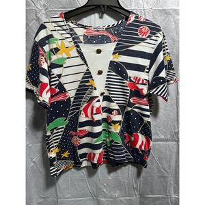 VTG 80s 90s POP-O Novelty Print Top Nautical Fish Buttons Short Sleeve Shirt S/M